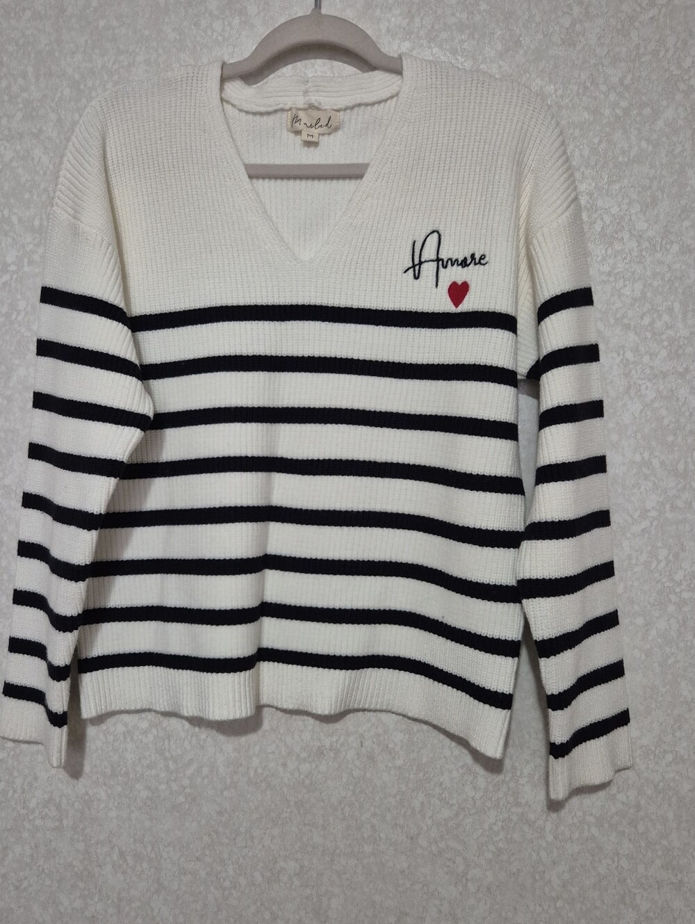 Striped V-Neck Sweater - White & Black...with 'Amore' Embroidered -Size:M